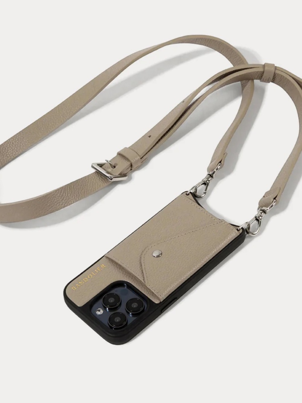 Bandolier Hailey Leather Crossbody Phone Wallet with Strap in Greige/Silver